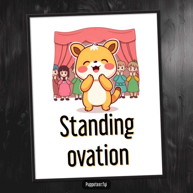 Funny Poster: Joyful animal character bowing gracefully to a puppet audience showering it with applause, humorous art.