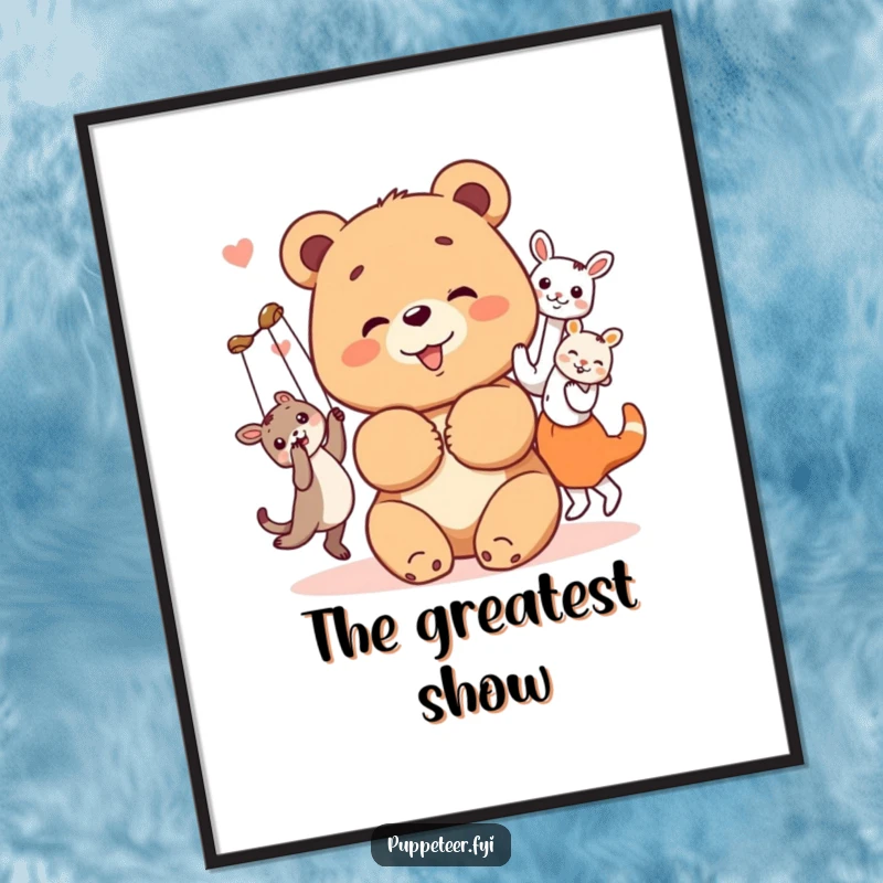Funny bear cub poster showing a cheerful bear cub bowing with its happy, dancing animal puppets, adding cheerful and humorous art.