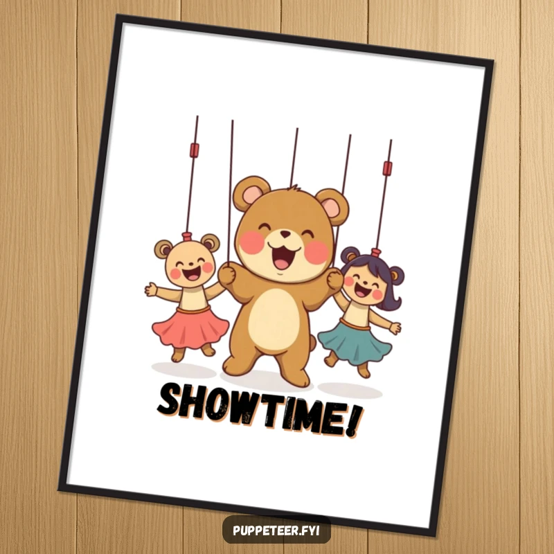 Funny Poster showing a delighted bear cub pulling strings to make three puppets dance, evoking playful control and joy.