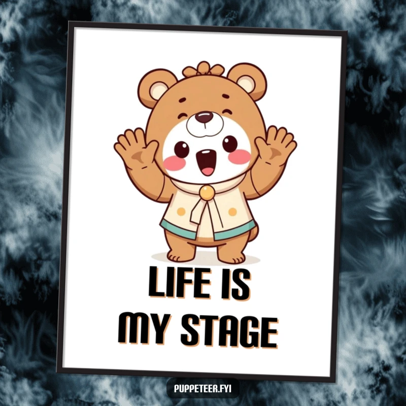 Funny bear puppet master poster depicting a cheerful bear waving hands, making a tiny puppet dance, adding whimsical charm.