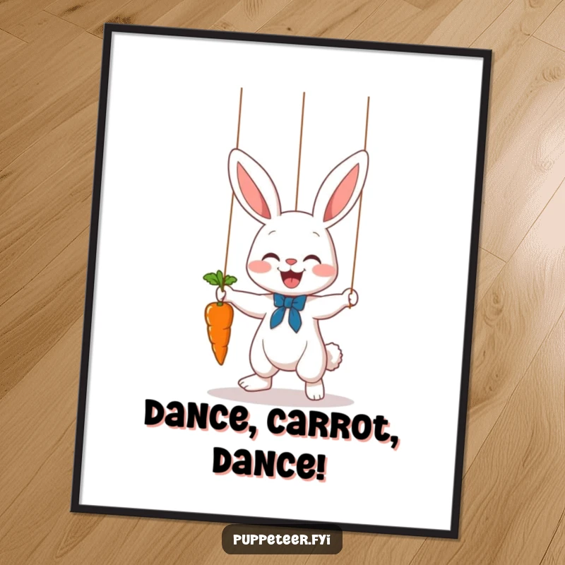 Funny bunny puppet master poster featuring a cute rabbit joyfully making a carrot dance on a string, vibrant and playful wall art.