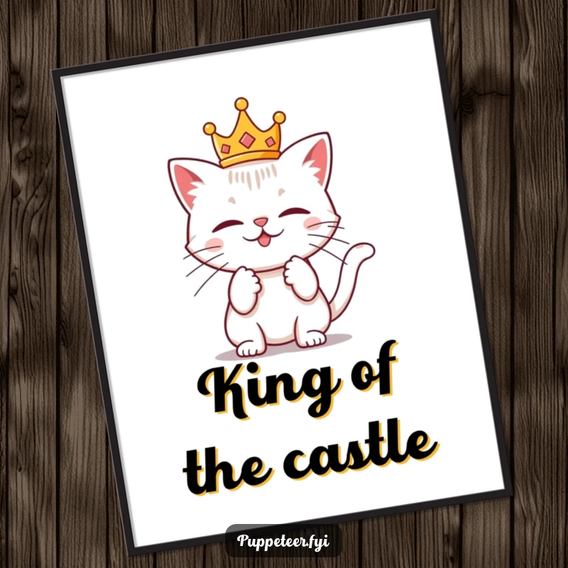 Funny poster of a mischievous cat wearing a small crown, pulling on invisible strings, exuding playful control and regal attitude.