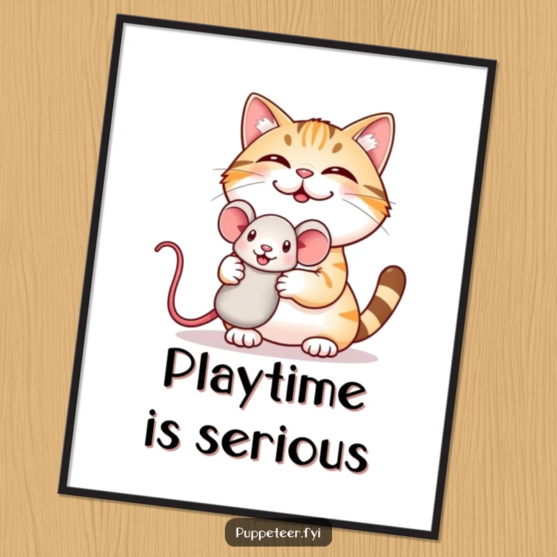 Funny poster print of a giggling cat proudly showing off a small mouse puppet, creating a humorous scene.