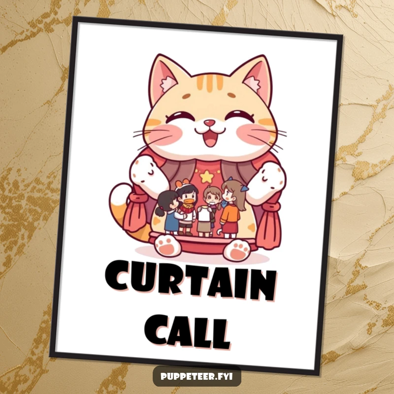 Funny poster illustrating a giggling cat character proudly displaying a puppet show stage with figures, charming and amusing art.