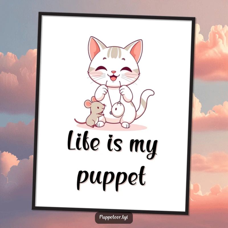 Funny cat poster depicting a happy cat manipulating strings, making a small mouse toy jump, adding playful charm.