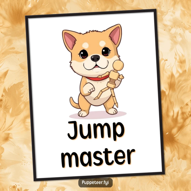 Funny dog poster: a determined dog intensely concentrates, making a wooden marionette perform a dynamic jump with skillful precision.