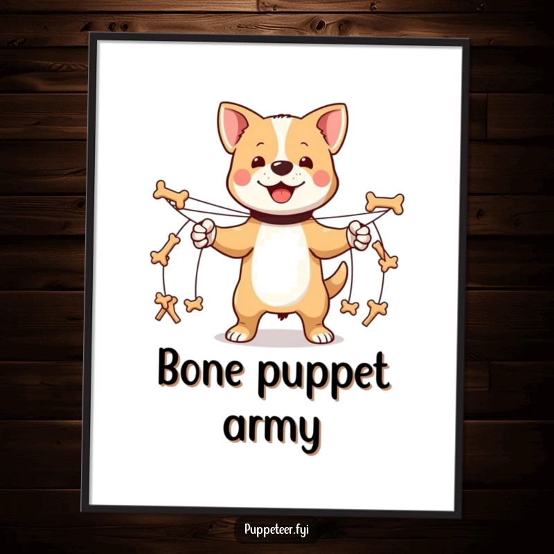 Funny proud dog poster showing multiple strings making tiny bone-shaped puppets march, whimsical wall art for dog lovers.
