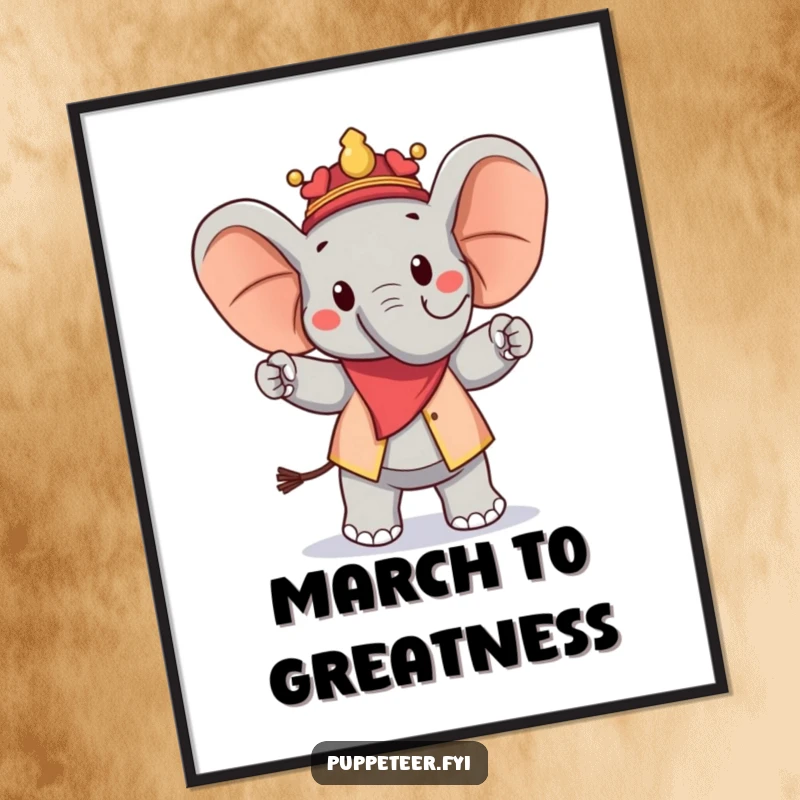 Funny poster depicting an elephant puppet master making a peanut puppet march proudly, capturing a moment of pure, cheerful amusement.