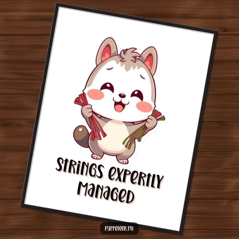 Funny poster art of a cheerful animal character holding multiple strings with focus, symbolizing organized tasks and happy execution.
