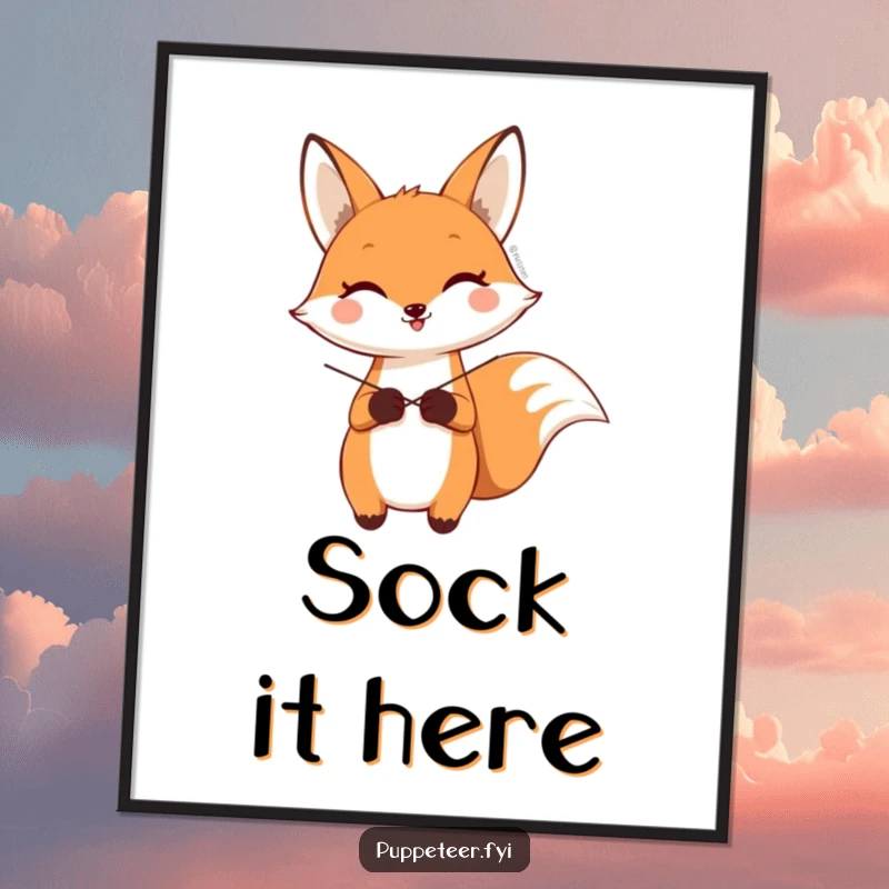 Funny poster illustrating a happy fox character expertly making a sock puppet wave using crossed strings, playful and amusing art.