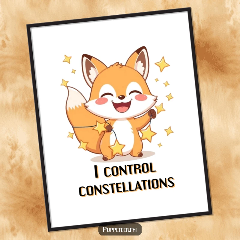 Funny happy fox poster with a wide grin manipulating a string of bright stars, whimsical wall art for space lovers.
