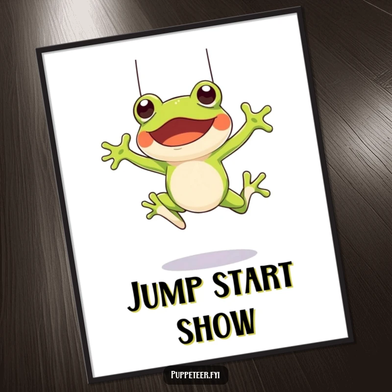 Funny poster of a cheerful frog character leaping, controlling a frog puppet to jump with strings, creating a lively, fun scene.