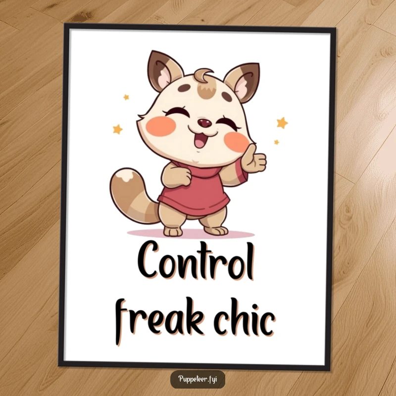 Funny Poster: A giggling animal animatedly controls a puppet performing a comical, floppy dance, bringing joy to the viewer.