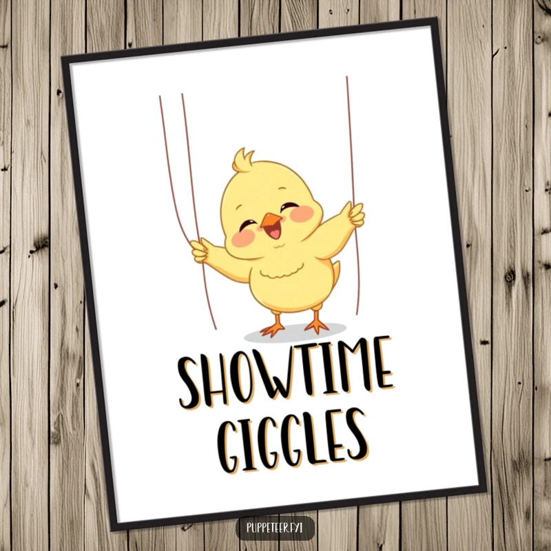 Funny chick poster: a giggling chick enthusiastically manipulates puppet strings, entertaining a small audience with playful charm and humor.