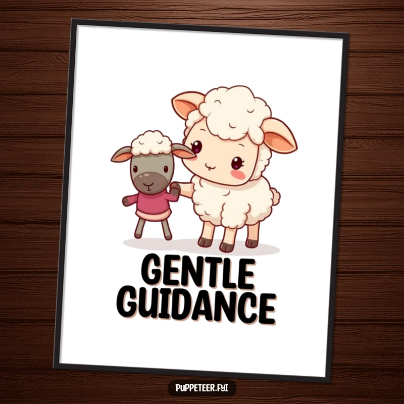 Funny poster of a kawaii sheep gently guiding a puppet, creating heartwarming and cute wall decor.