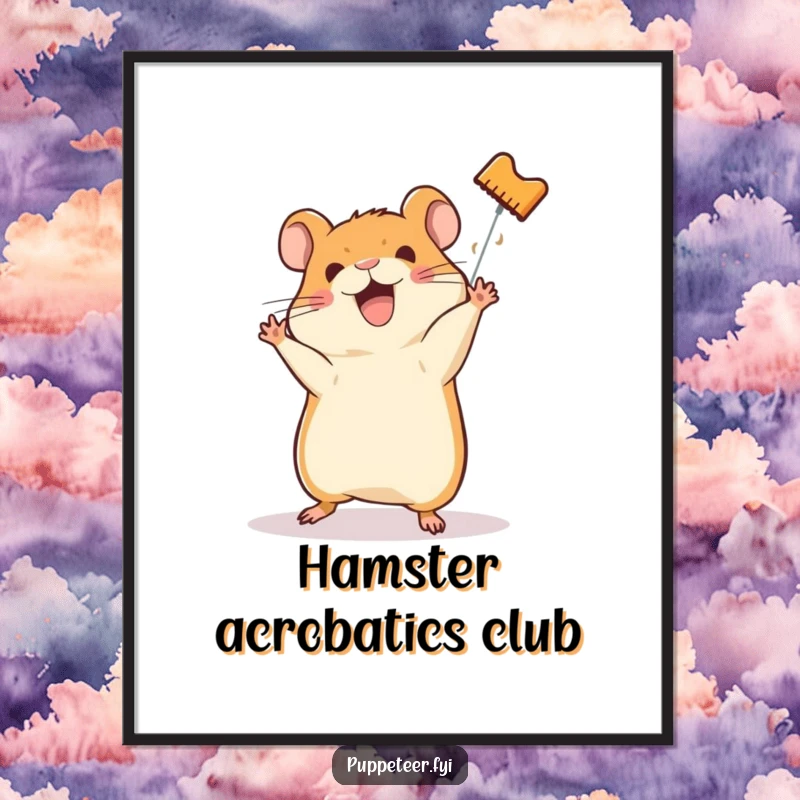 Funny poster depicting a happy hamster teaching a hamster puppet to do a somersault, full of playful motion.