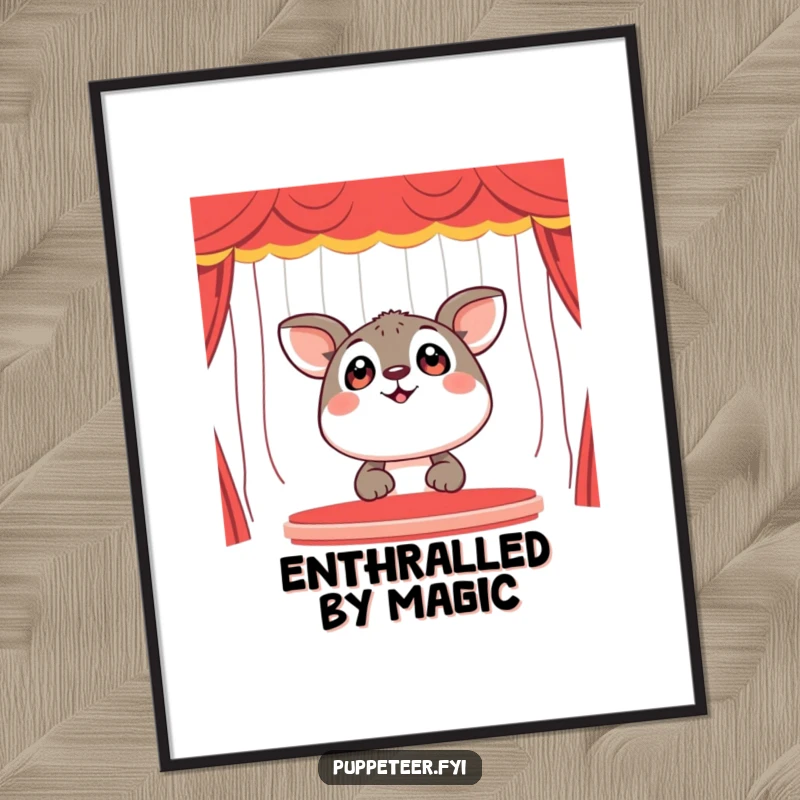 Funny Poster: A happy animal with large, curious eyes stares upwards at a dynamic puppet show, conveying pure fascination.