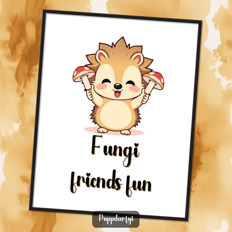 Funny poster depicting a playful hedgehog controlling giggling mushroom puppets, adding enchanting humor to decor.