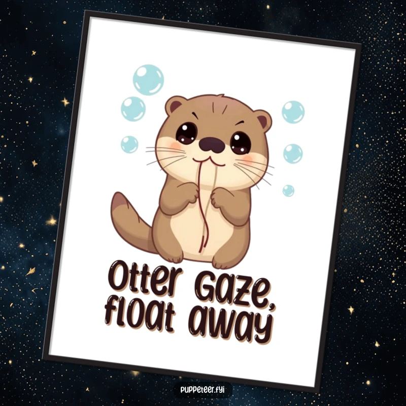 Funny poster art of a curious otter with wide eyes, holding strings attached to iridescent bubbles, symbolizing exploration and joy.