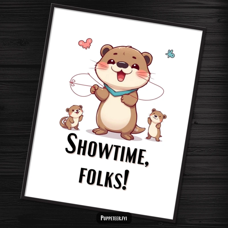 Funny poster featuring an ecstatic otter puppeteer manipulating animal figures with strings, creating a scene of delightful, controlled chaos.