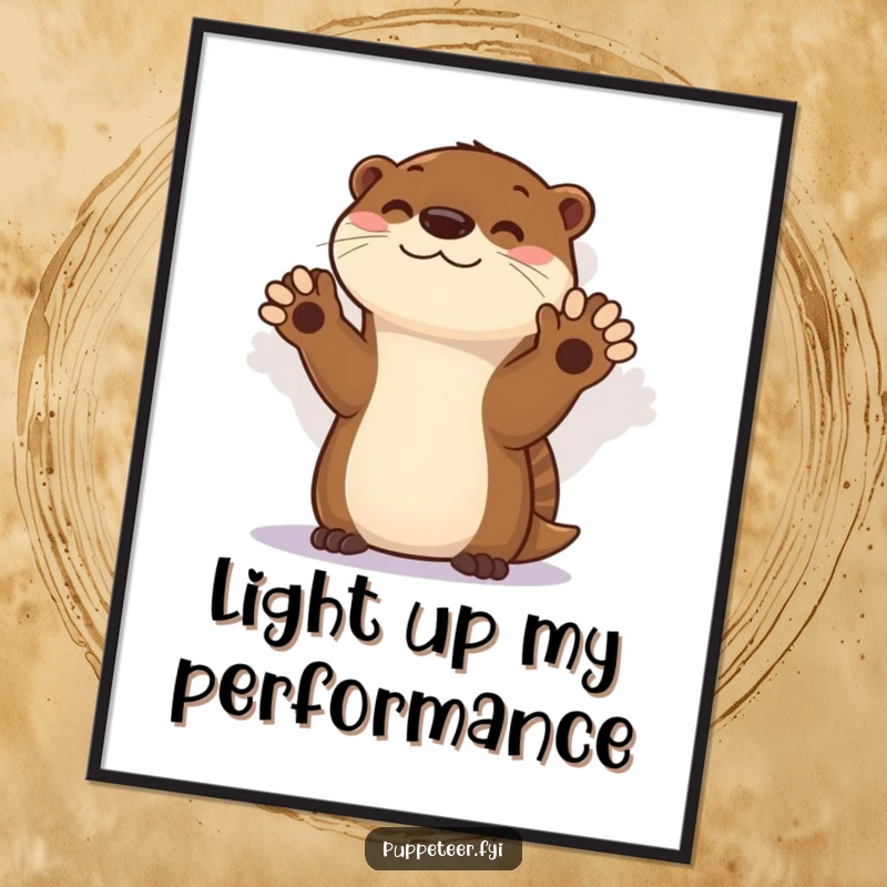 Funny poster illustrating an otter masterfully creating shadow puppets, a whimsical and humorous piece of wall art.
