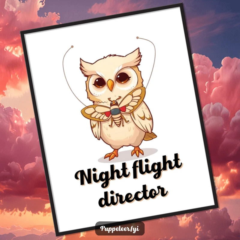 Funny poster showing a whimsical owl character using fine strings to animate a moth puppet in graceful flight, creating a magical scene.