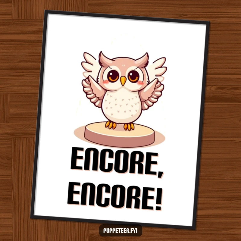 Funny poster featuring a cheerful owl in a spotlight, wings spread in a grand gesture, bringing dramatic humor to wall art.