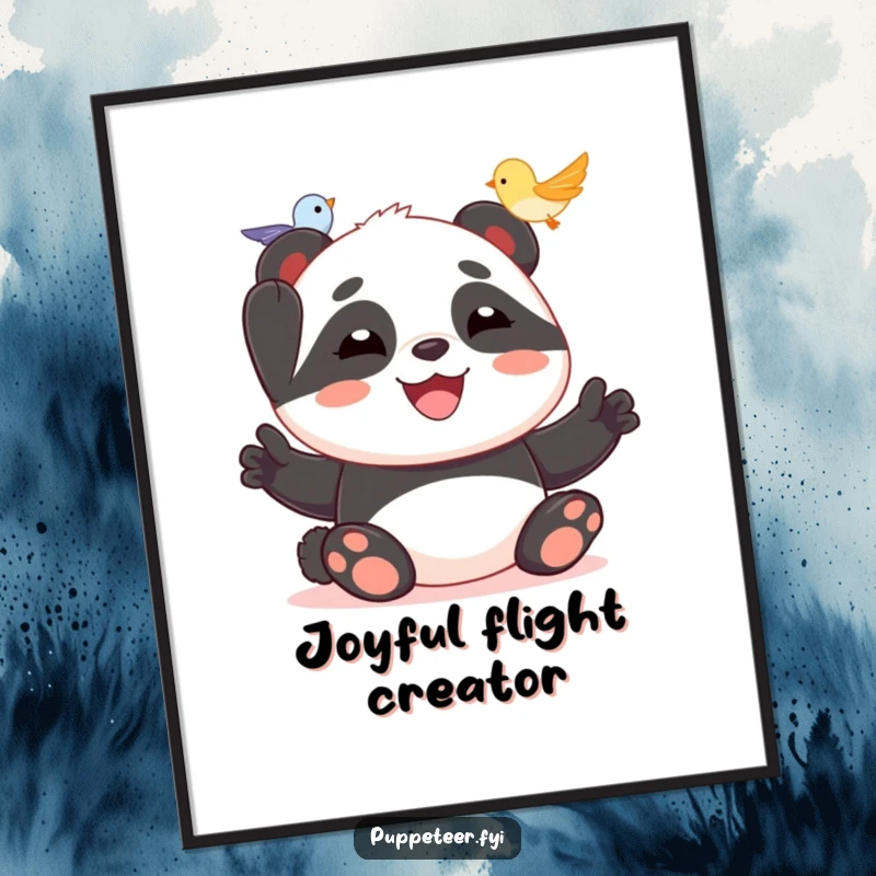 Funny poster of a joyful panda happily making a tiny bird puppet fly, bringing a touch of playful cheer.