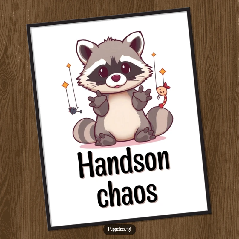 Funny poster of a kawaii raccoon with dexterous paws controlling puppets, creating whimsical and artistic wall decor.