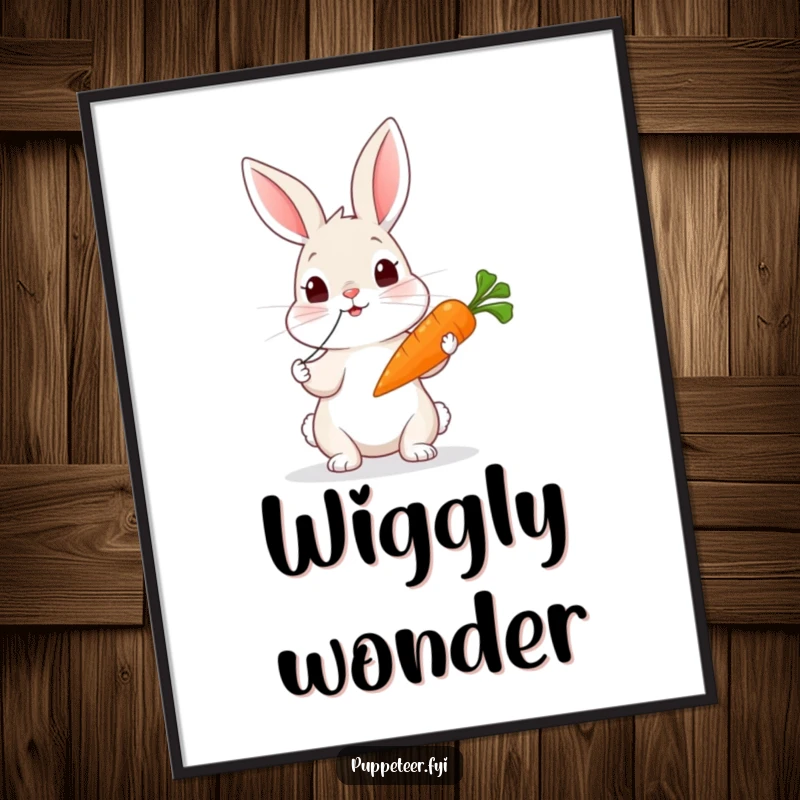 Funny rabbit poster art: a curious rabbit tugs strings, making a carrot puppet wiggle in a whimsical display.