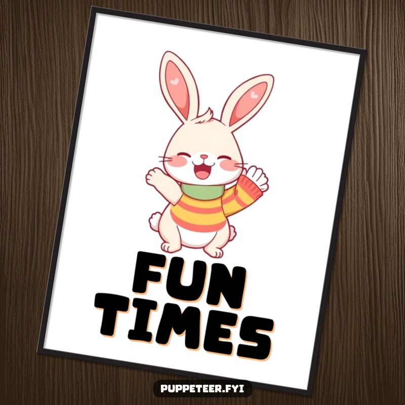Funny Poster showing a happy rabbit giggling while making a sock puppet wave enthusiastically, perfect for cheerful wall art.
