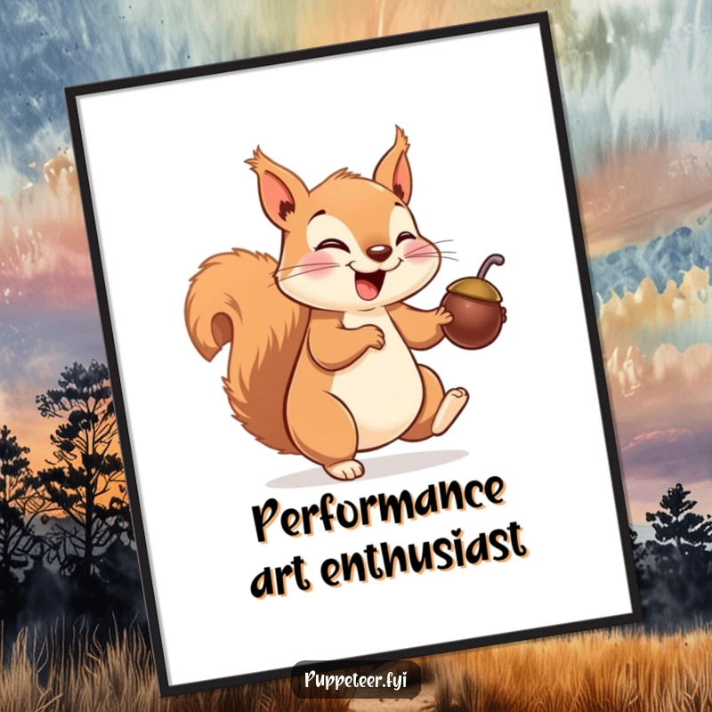 Funny squirrel poster showcasing a giggling squirrel making a nut puppet hop, perfect for playful and humorous wall decor.