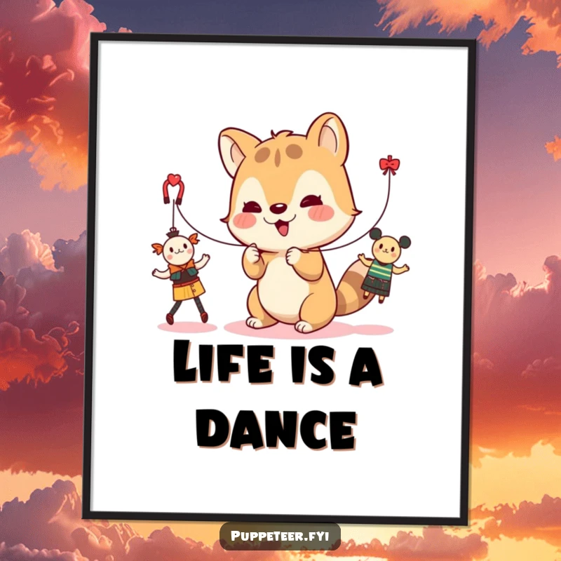 Funny poster art of a cute animal character controlling strings to make toys dance, creating a scene of playful enchantment.
