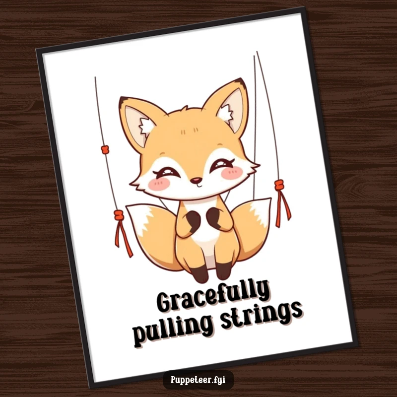Funny kawaii fox with twinkling eyes gracefully holding puppet strings on a wall poster, perfect for a funny gift.