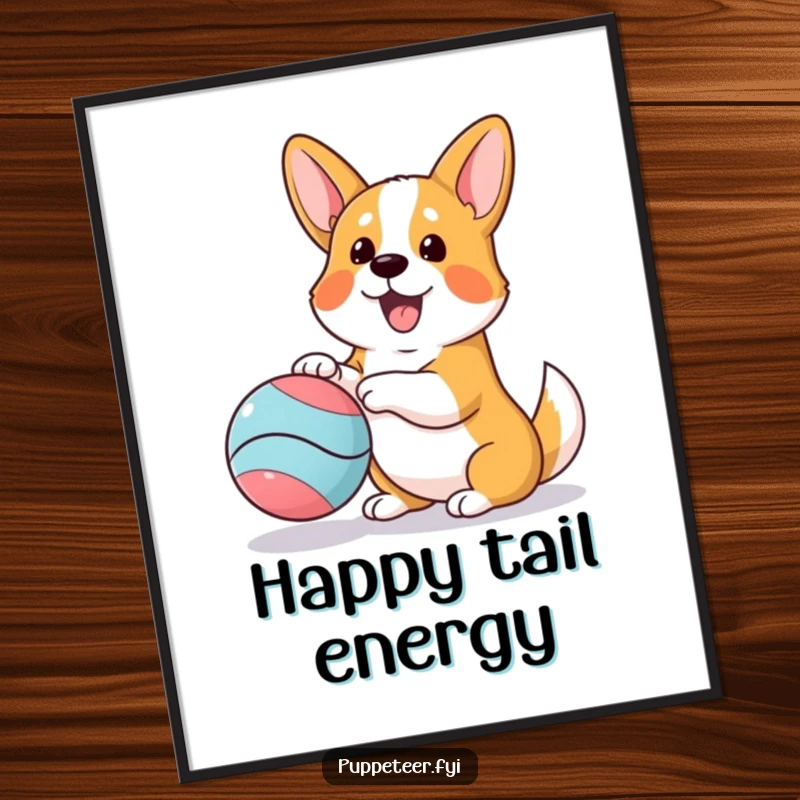 Funny poster showcasing an enthusiastic corgi playing with a bouncing ball puppet, radiating happiness and playful energy.