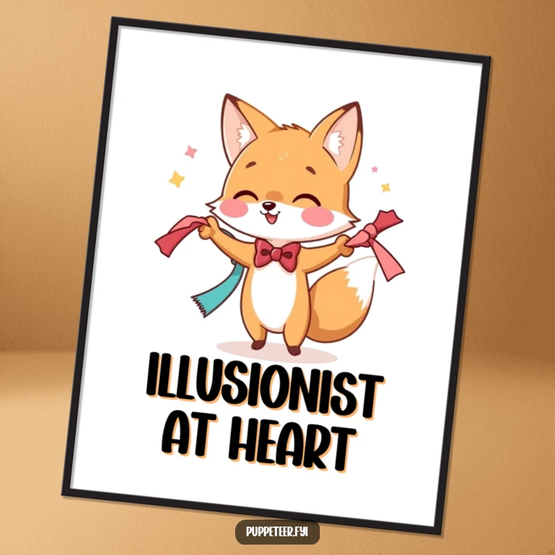 Funny poster art of a bowtie-wearing fox performing a magic trick with scarves, bringing playful mystery and enchantment.