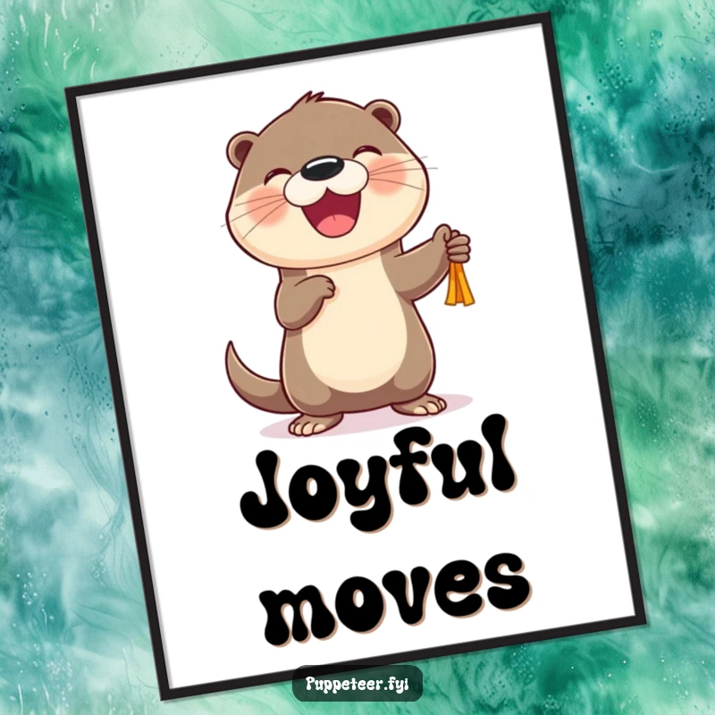 Funny Otter Puppet Dancer Poster featuring a cheerful otter joyfully making a puppet dance, a humorous art gift.