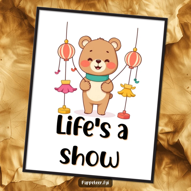 Funny poster showcasing a smiling bear manipulating strings to control dancing puppets, vibrant and humorous wall decor.