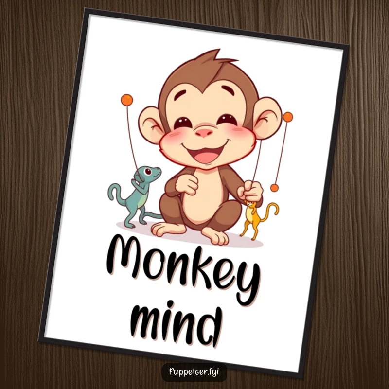 Funny Monkey Puppet Master Poster showcasing a delighted monkey concentrating on intricate puppet movements, a humorous art gift.