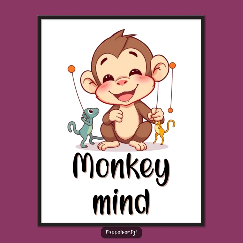 Funny Monkey Puppet Master Poster: Delighted Character's Intricate Puppet Art Gift