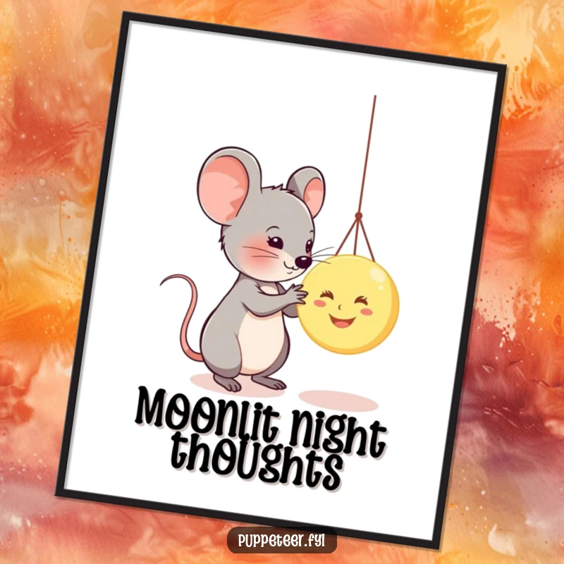 Funny artwork of a mouse puppeteer controlling a smiling moon puppet, perfect for adding whimsical humor to any wall.