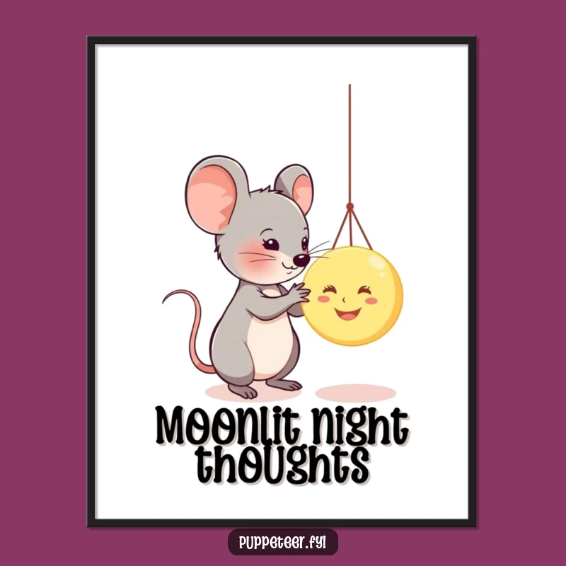 Funny Mouse & Moon Puppet Art Print: Whimsical Wall Decor Gift