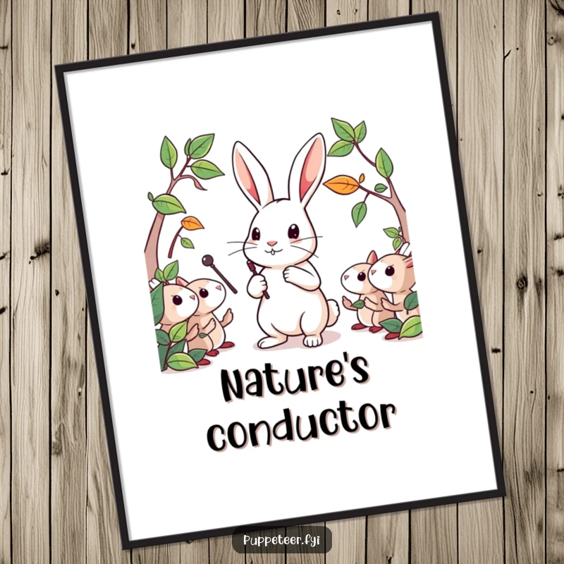 Funny poster depicting a determined rabbit conducting a troupe of whimsical leaf puppets with a tiny baton, full of charm.
