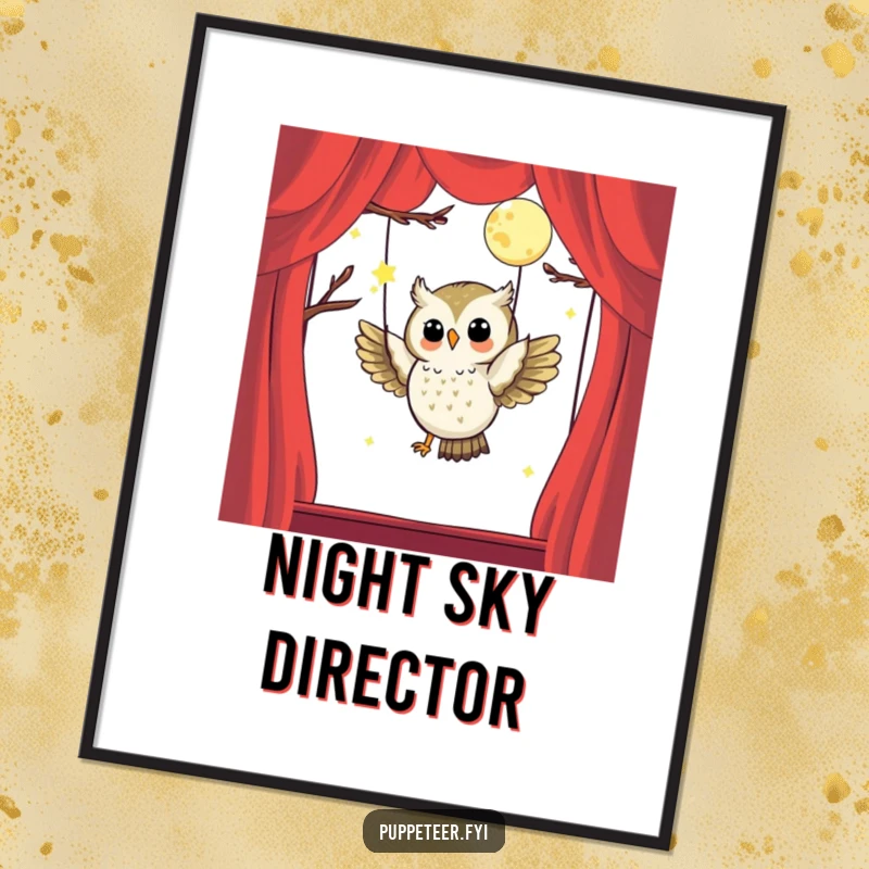 Funny poster art of a happy owl puppet master making a moon puppet fly gracefully through the night, exuding magical charm.