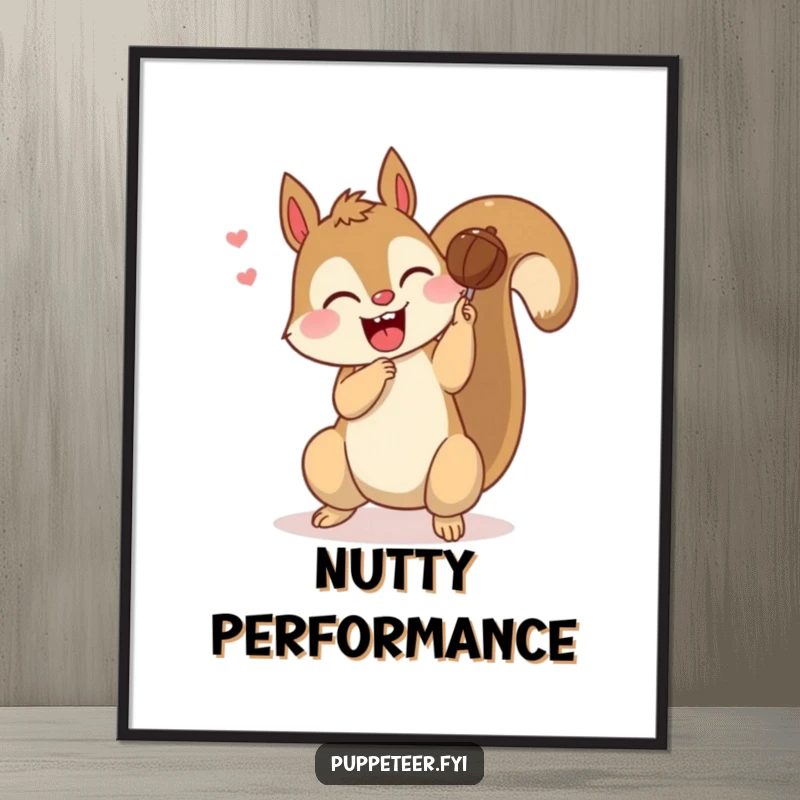Funny poster art of a giggling squirrel puppet master making a nut puppet perform a somersault, adding playful energy to decor.