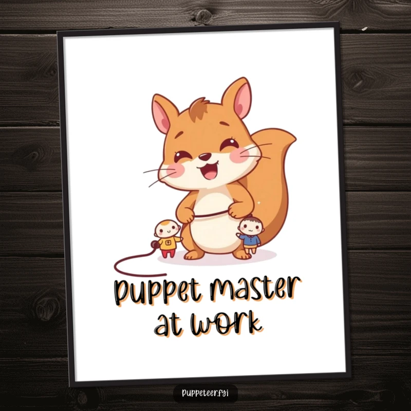 Funny squirrel poster: a cheerful squirrel masterfully manipulates two tiny characters with a string, embodying playful control and whimsy.