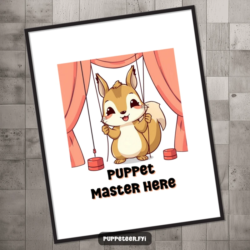 Funny poster of a happy squirrel character intently adjusting puppet strings, conveying a sense of deep focus and craft.