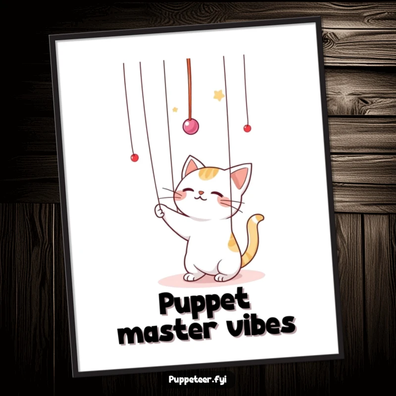 Funny Kawaii cat batting playfully at puppet strings in the air poster, featuring a cute feline artfully manipulating invisible strings in a whimsical scene.