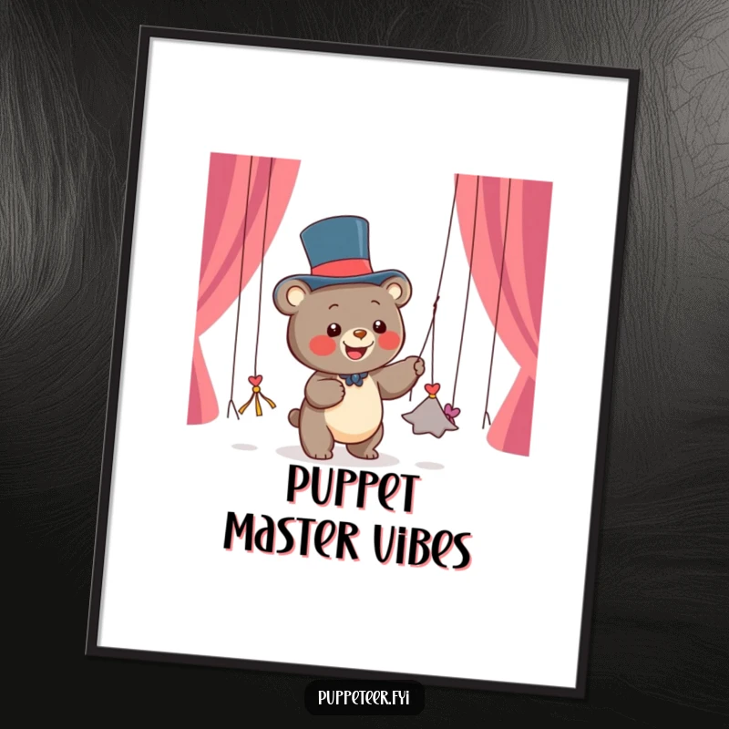 Funny poster art of a happy bear cub in a top hat pulling dancing string puppets from its paws, bringing whimsical charm.