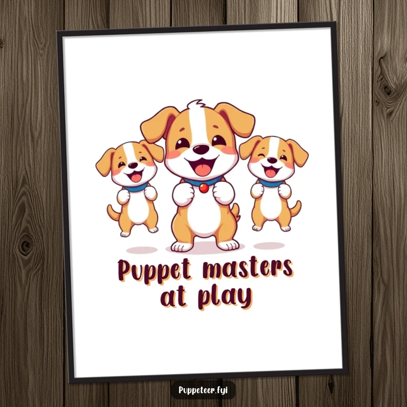 Funny poster art of a bouncy dog joyfully controlling two energetic dog puppets, radiating happiness.